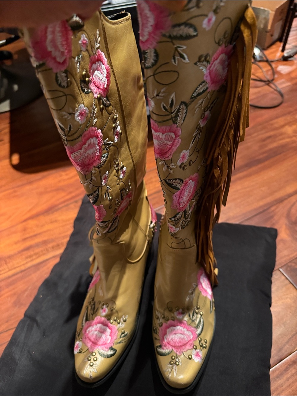 Embroidered Fringe Over-the-Knee Boots in Tan with Pink Floral
